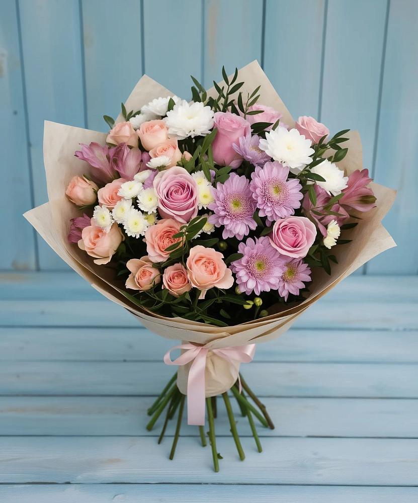 Букет цветов из: Хризантемы, Розы и Альстромерии в Ольге