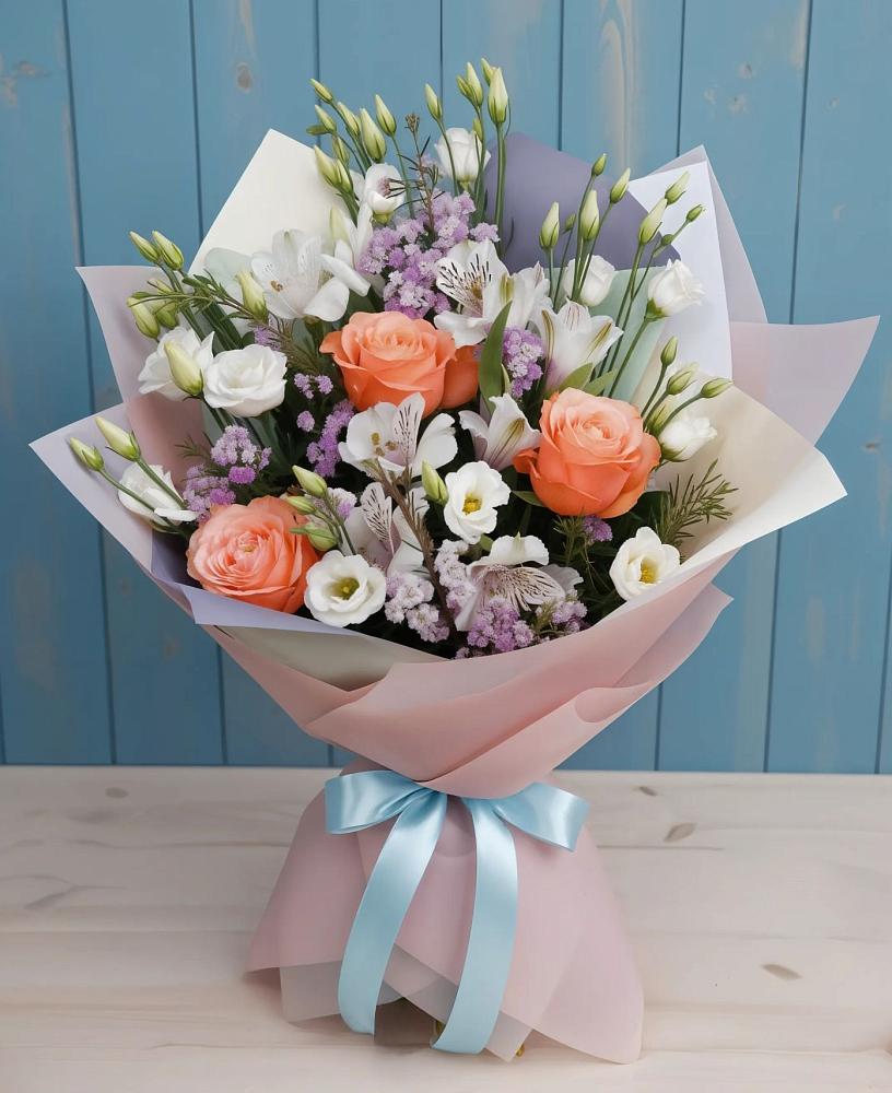 Букет цветов из: Лизиантусы, Розы, Альстромерии и Гипсофила в Ольге