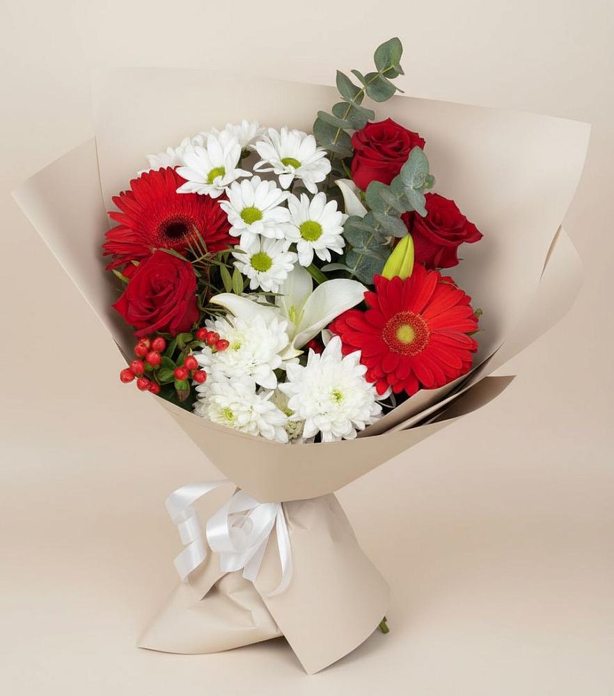Букет цветов из: Розы, Хризантемы, Герберы и Лилии в Ольге