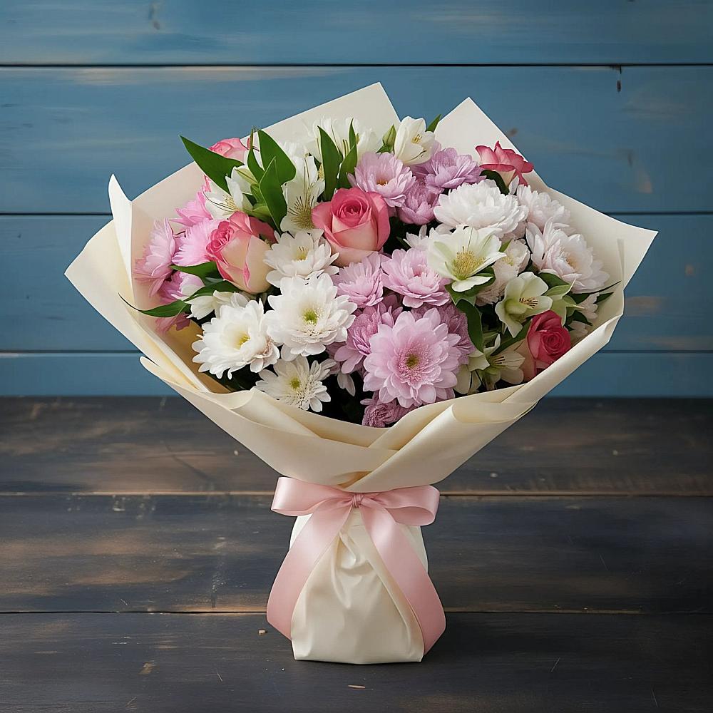 Букет цветов из: Хризантемы, Альстромерии и Розы в Ольге